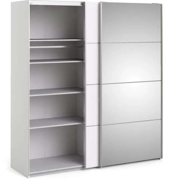 TVILUM Verona Skjutdörrsgarderob - vitt trä och spegelglas, 2 skjutdörrar med hyllor